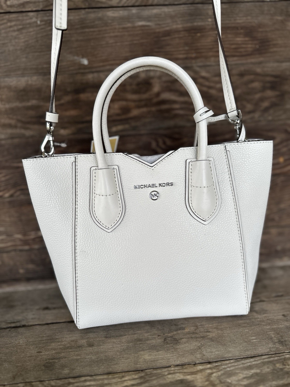 Michael Kors Optic White MAE Leather Messenger Bag Tote NWT Crossbody Purse Tote