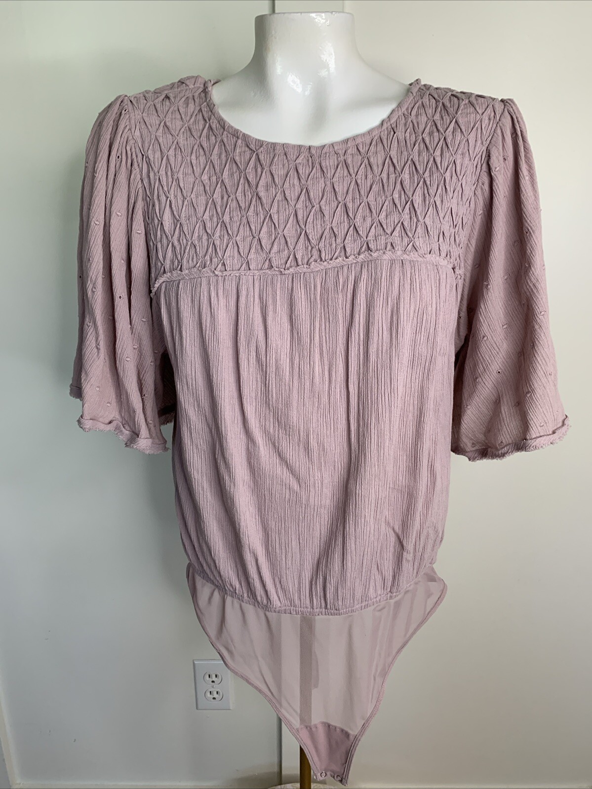 Intimately by Free People Women Bodysuit Size M Pink Mauve Gauze Pintuck Yoke