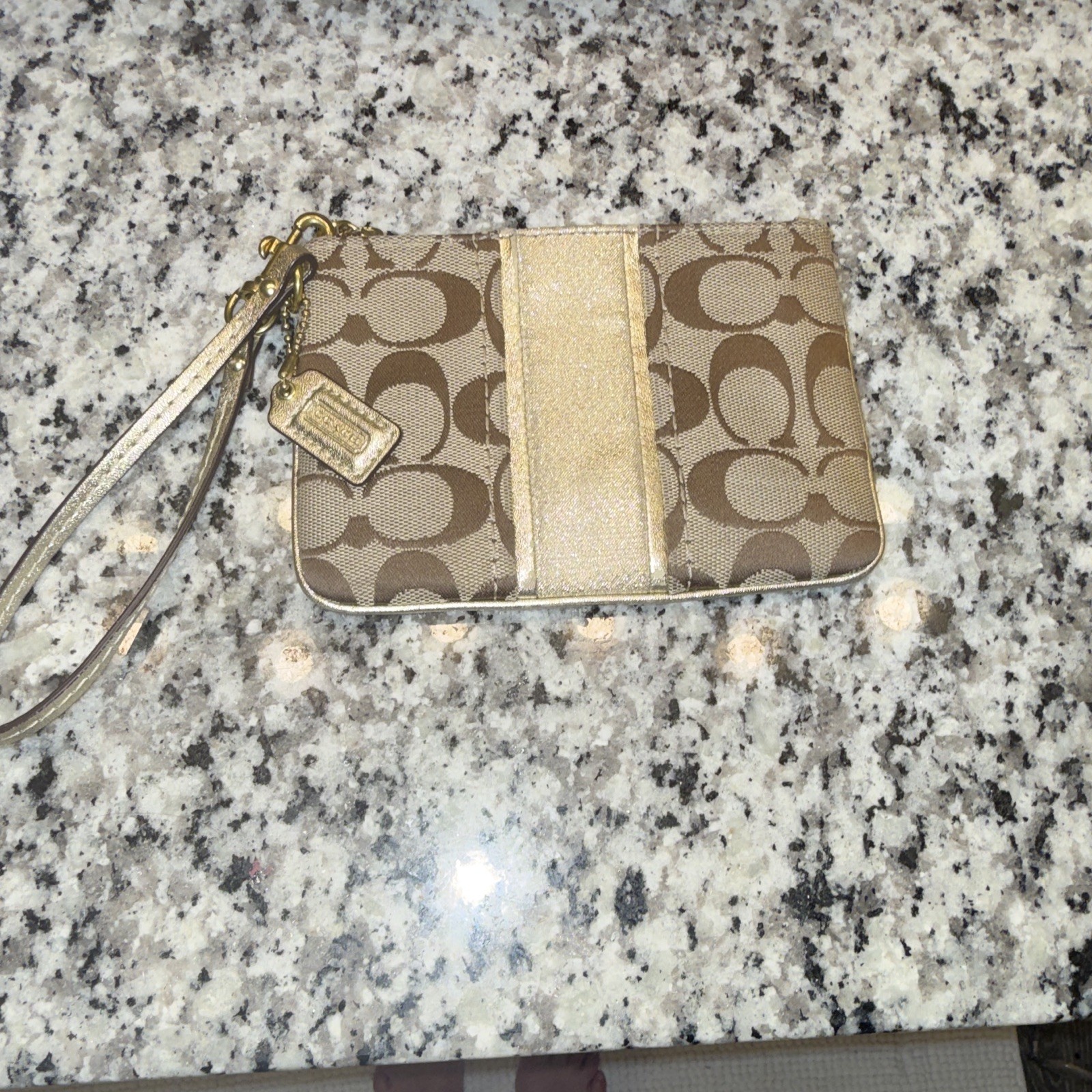 Coach Signature Logo Zip Wristlet Wallet w/ Wrist Strap, Beige Brown Gold