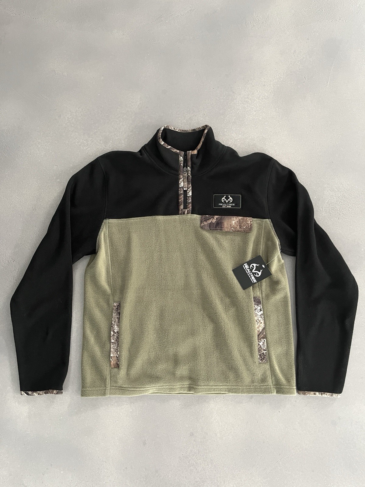 Realtree Mens Polar Fleece 1/4 Zip Pullover Large NWT Black Olive Khaki