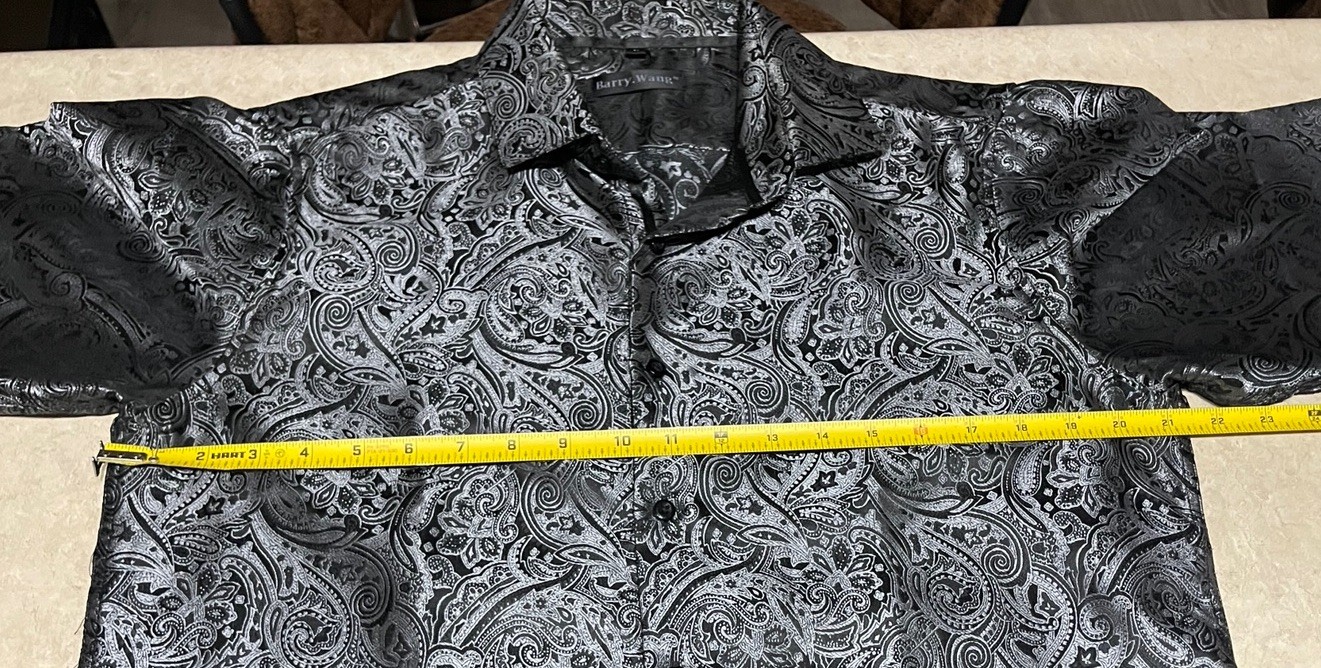 Barry Wang Men’s Black & Gray Paisley Silk Button Down Front Dress Shirt Sz M