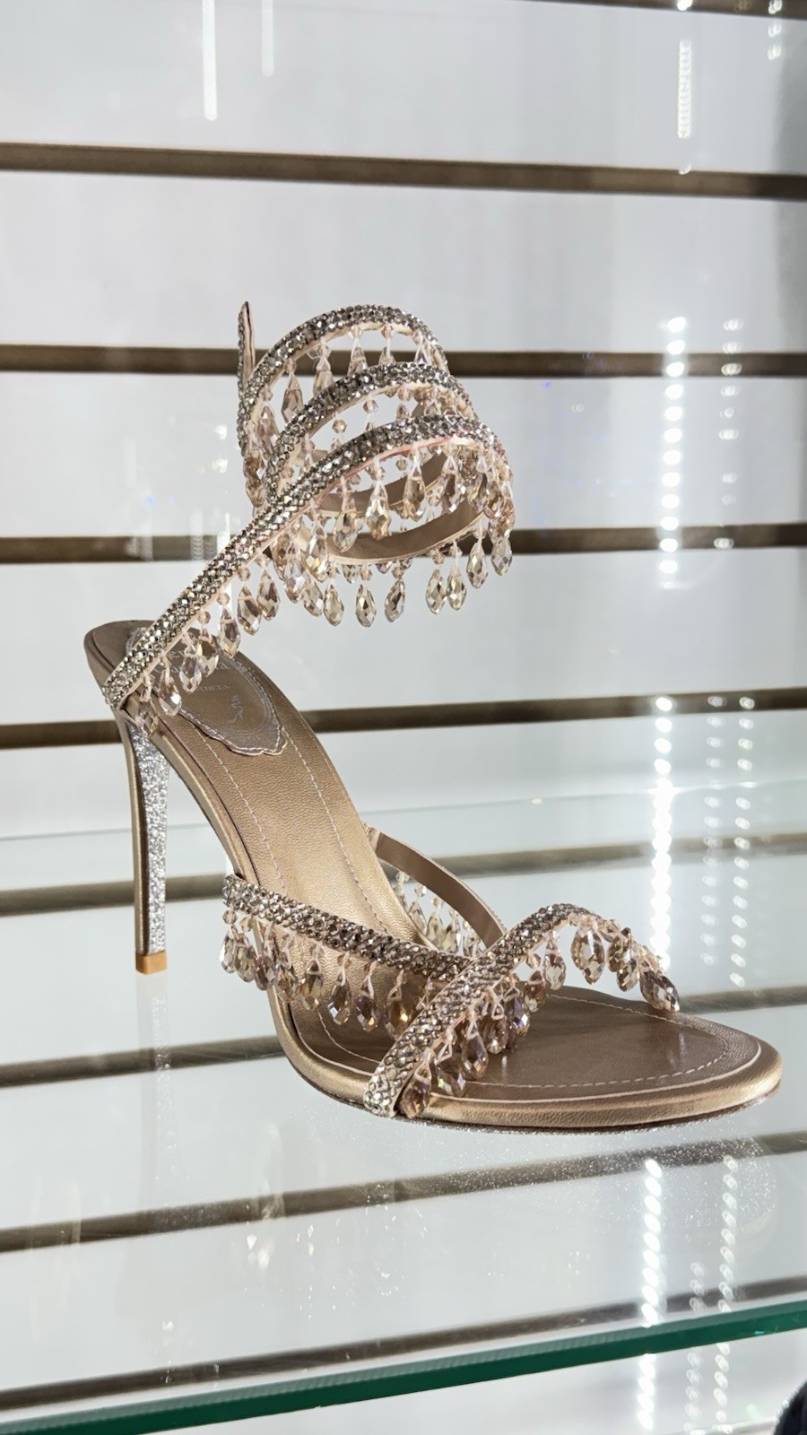 RENÉ CAOVILLA Gold Rhinestone Strappy Ankle Strap Open Toe Buckle Heel Women
