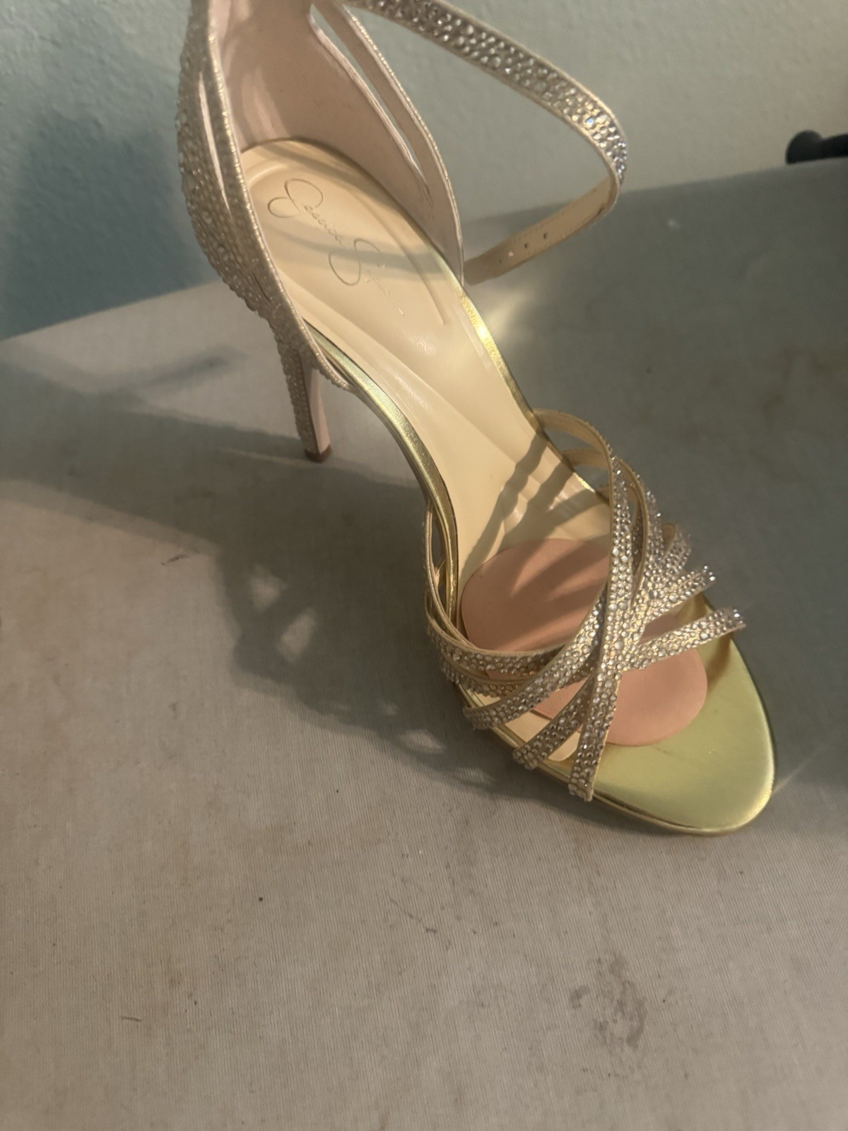 Jessica Simpson Women’s Gold Rhinestone Strappy Open Toe Stiletto Heels 9
