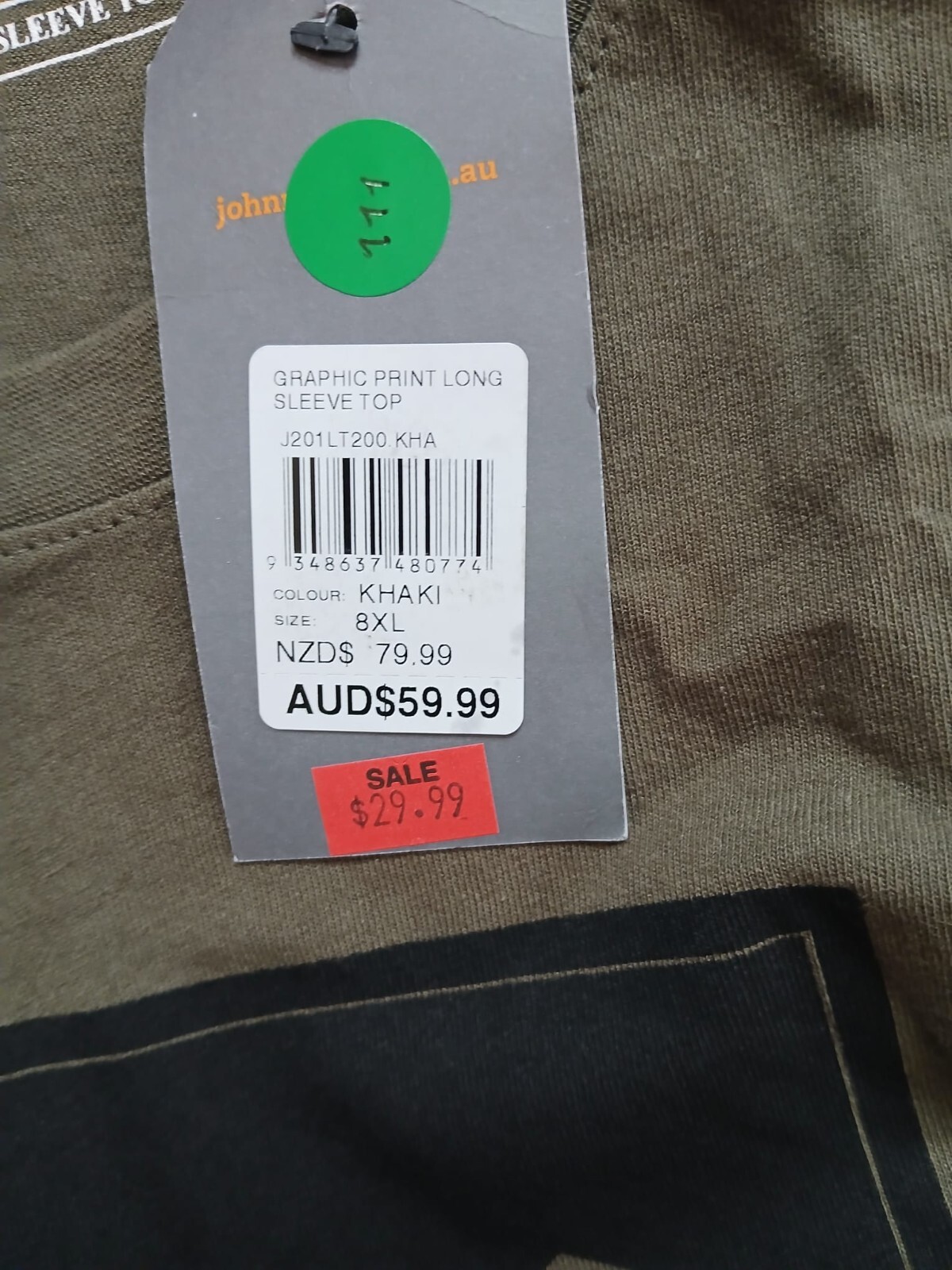 Johnny Bigg Graphic Print Long Sleeve Top Khaki J201LT200.KHA Size 8XL N133