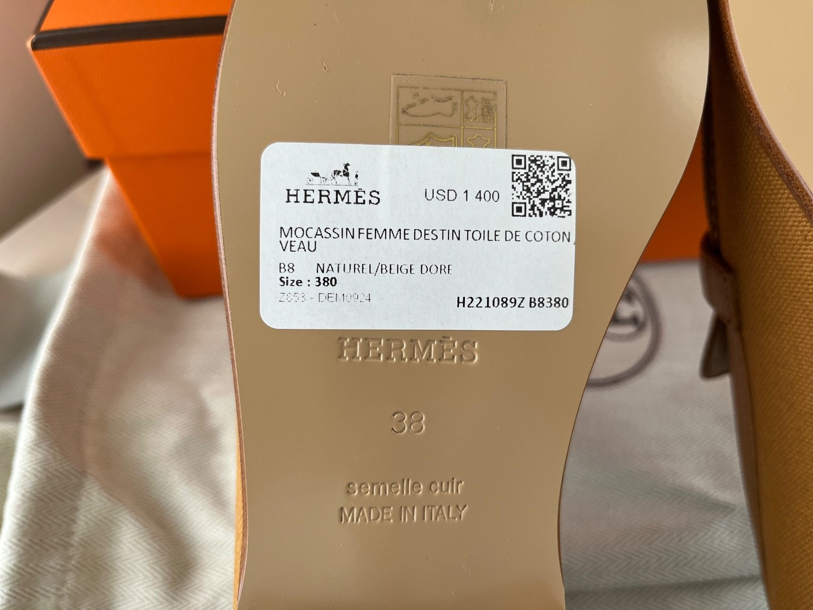 NIB Hermes Destin Loafer Toile/Veau Leather Naturel/Beige Dore 38