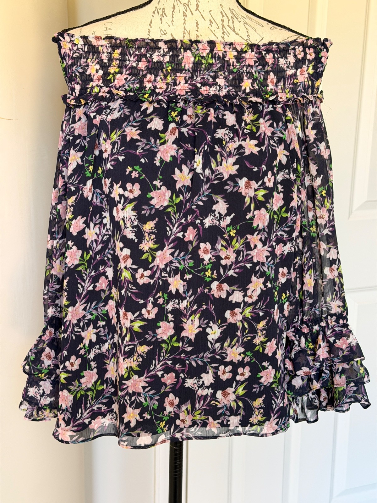 CeCe Off The Shoulder Smocked Floral Blouse Caviar Black Pink Bell Sleeve NWT S