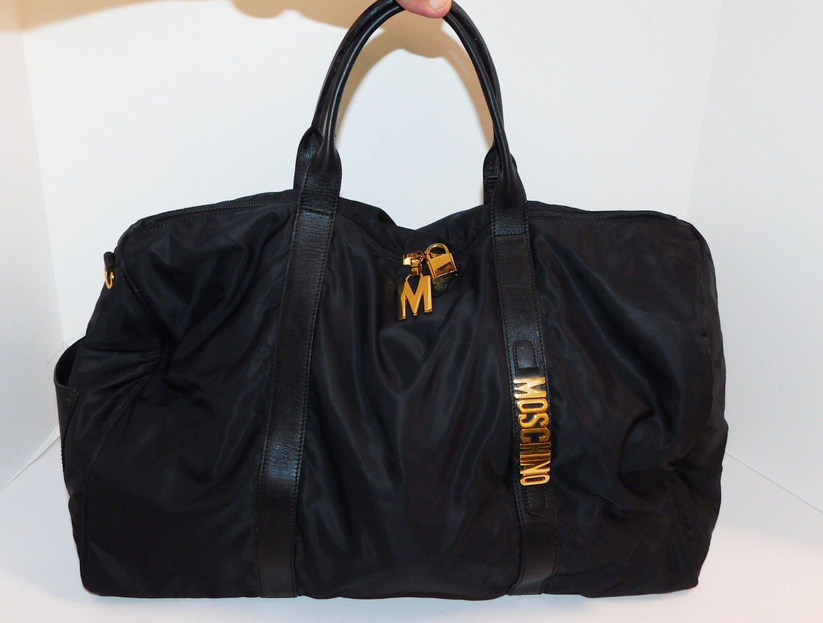 Moschino Redwall Italy Black Nylon Leather Block Leather Duffle Tote Bag