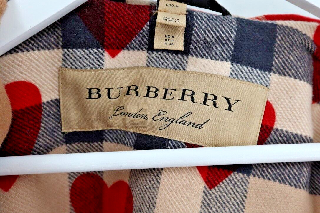 Burberry Women Size 4 (UK 6) Brown Baysbrooke Wool Check & Hearts Duffle Coat