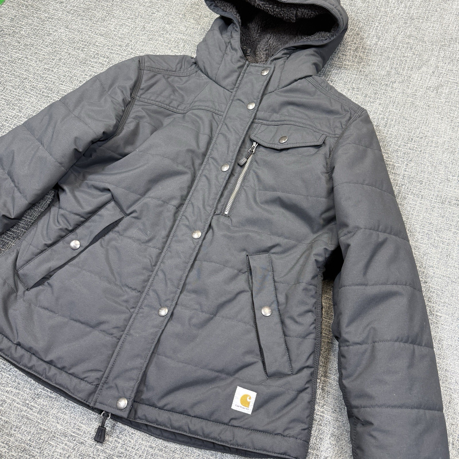 Carhartt Sherpa Lined Jacket Womens M Black Hooded Quilted Workwear Coat 103909
