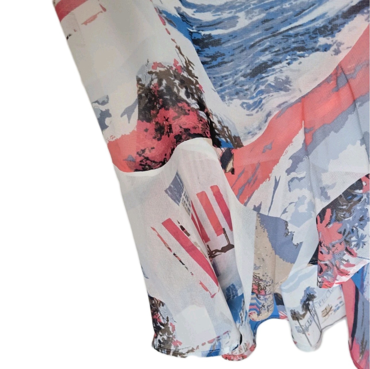 WHBM Postcard Print Wrap Dress Ruffle Hem Vacation Resort