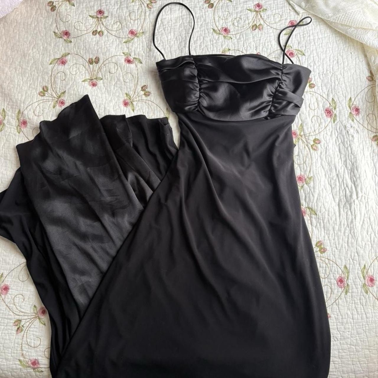 2000s Josh & Jazz Black Satin Maxi Slip Dress Sweetheart Ruched Spaghetti Straps