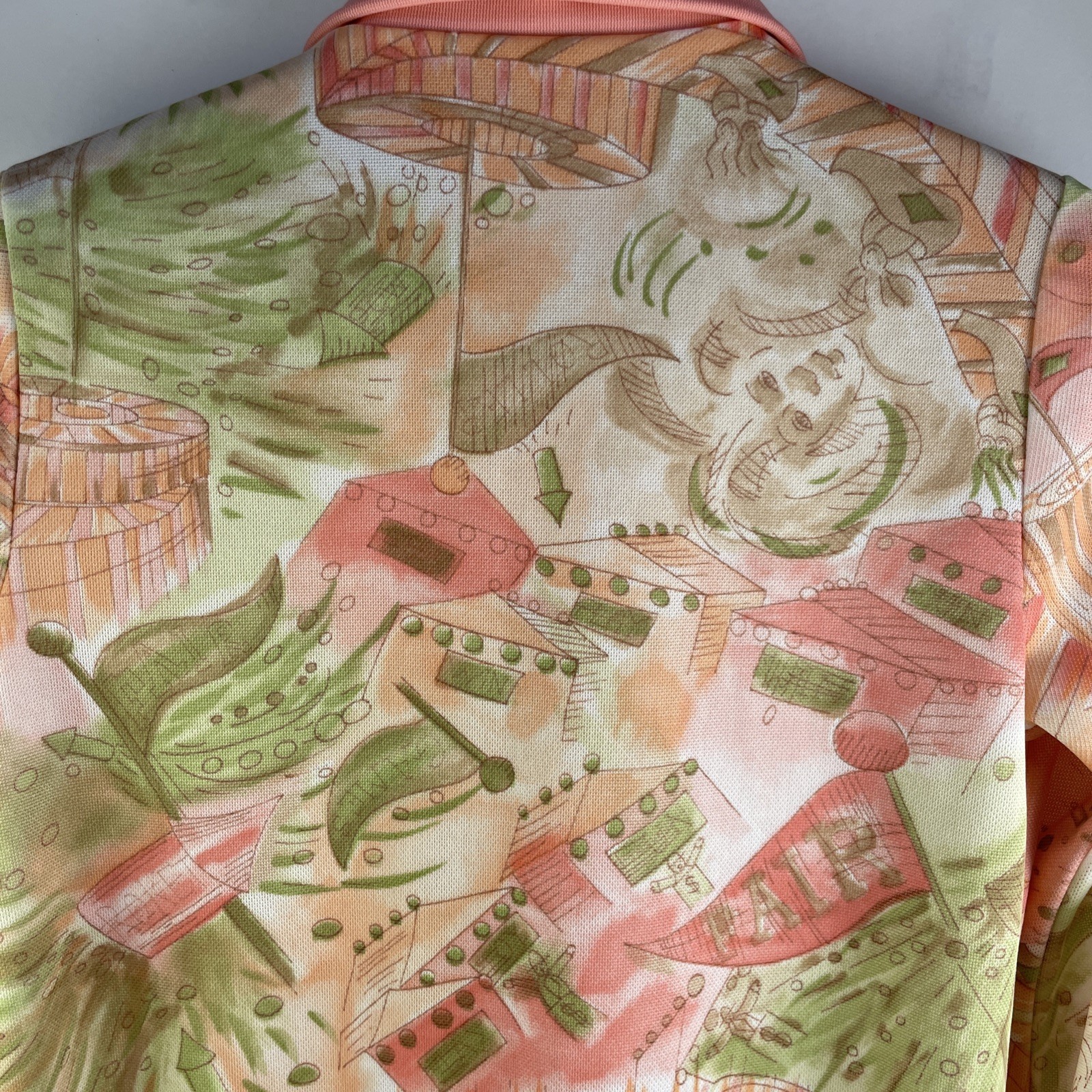Vtg Novelty Print Polyester Blouse Retro Mod Women’s S Pink Green