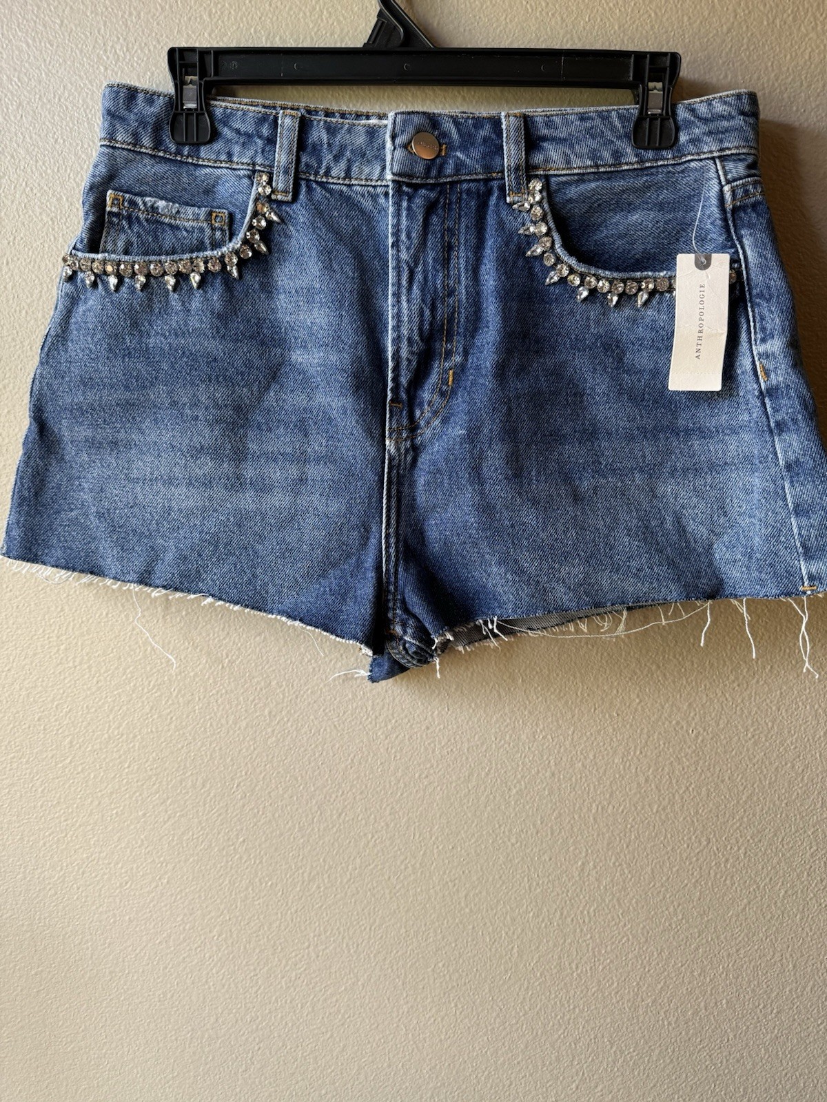 Pilcro Blue Denim Cut Off Shorts Rhinestone Trim 5-Pocket Mid Rise 29