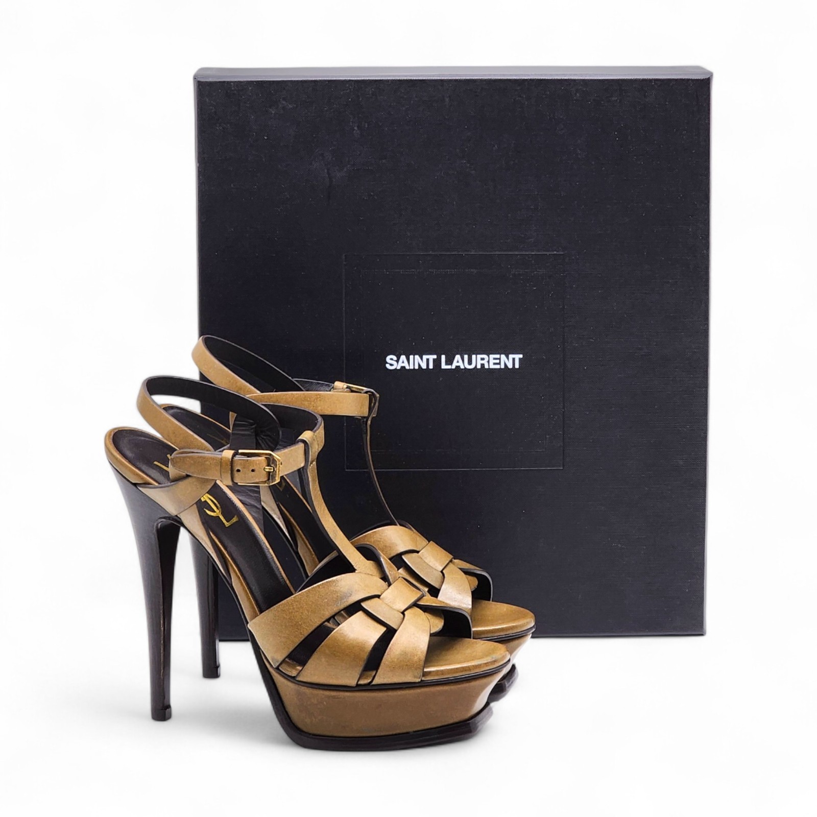Saint Laurent Tribute Platform Leather Pumps Sandals Brown EU 35 US 5 $1100 NWB