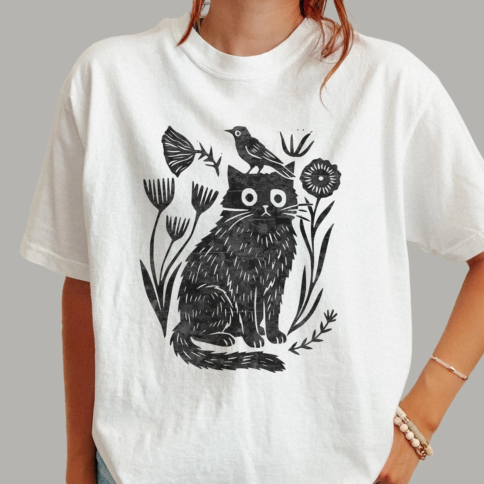 Cottagecore Floral Cat and Bird T-shirt Folk Art Style Nature Graphic Tee