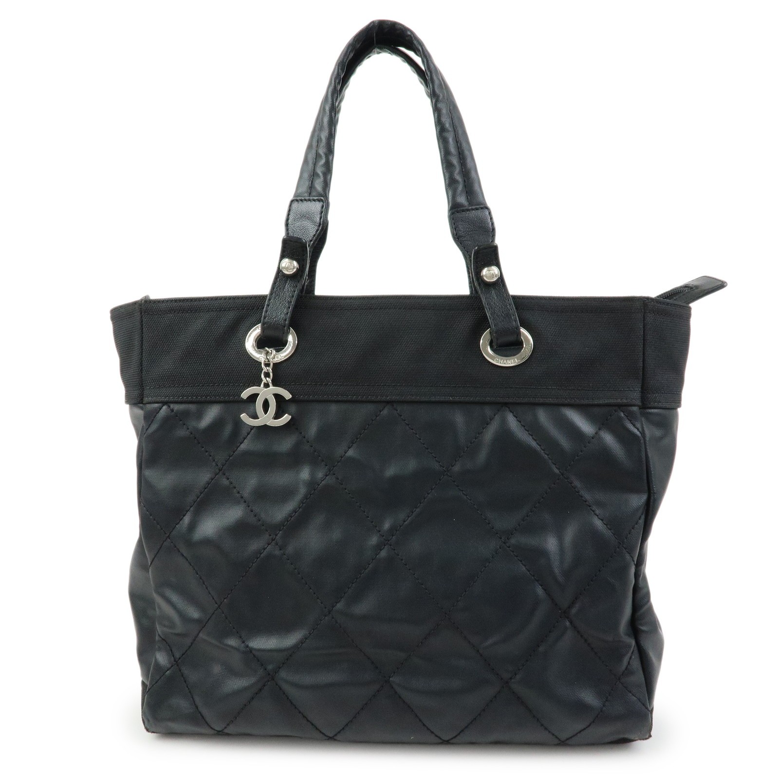 CHANEL PVC Leather Paris Biarritz Tote Bag Hand Bag MM Black A34209 Used F/S