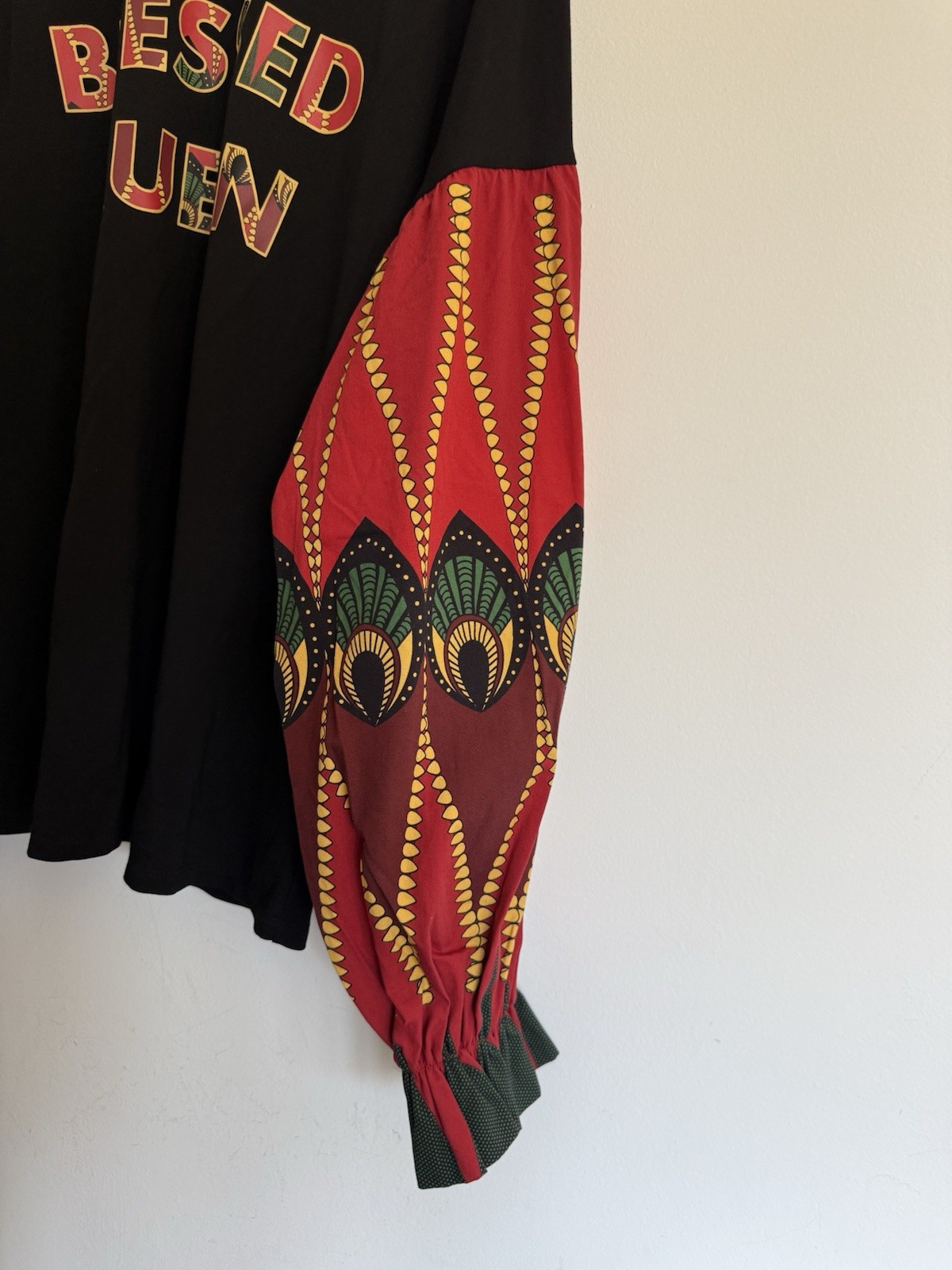 Ashro Blessed Queen Statement Blouse XL Black Long Balloon Sleeve African Print