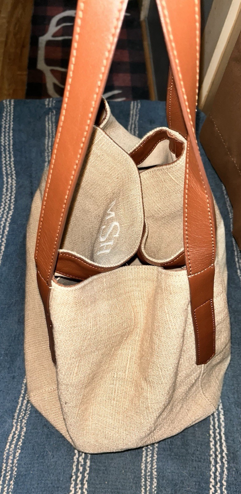 Mark & Graham Italian Linen Genuine Leather Tote Bag Made in Italy Monogram MSH