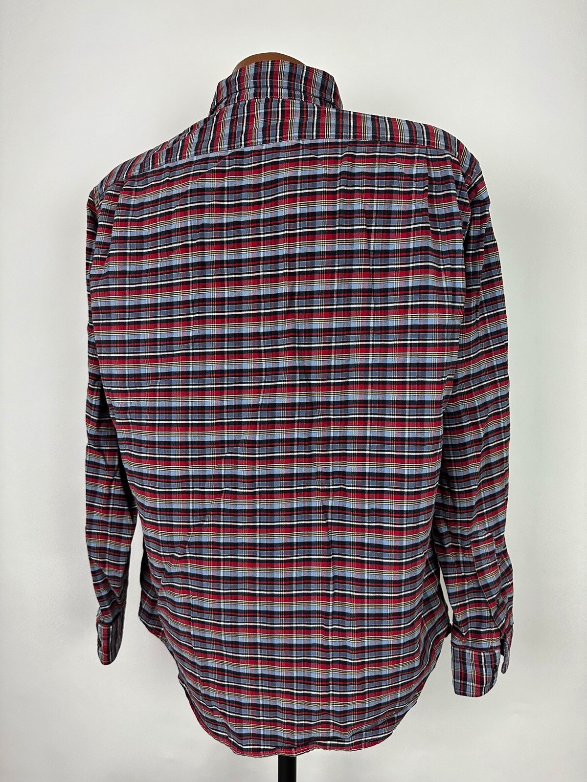 Vintage Oxford Shirt Men Large Casual Gray Red Plaid Button Down Cremieux STAIN