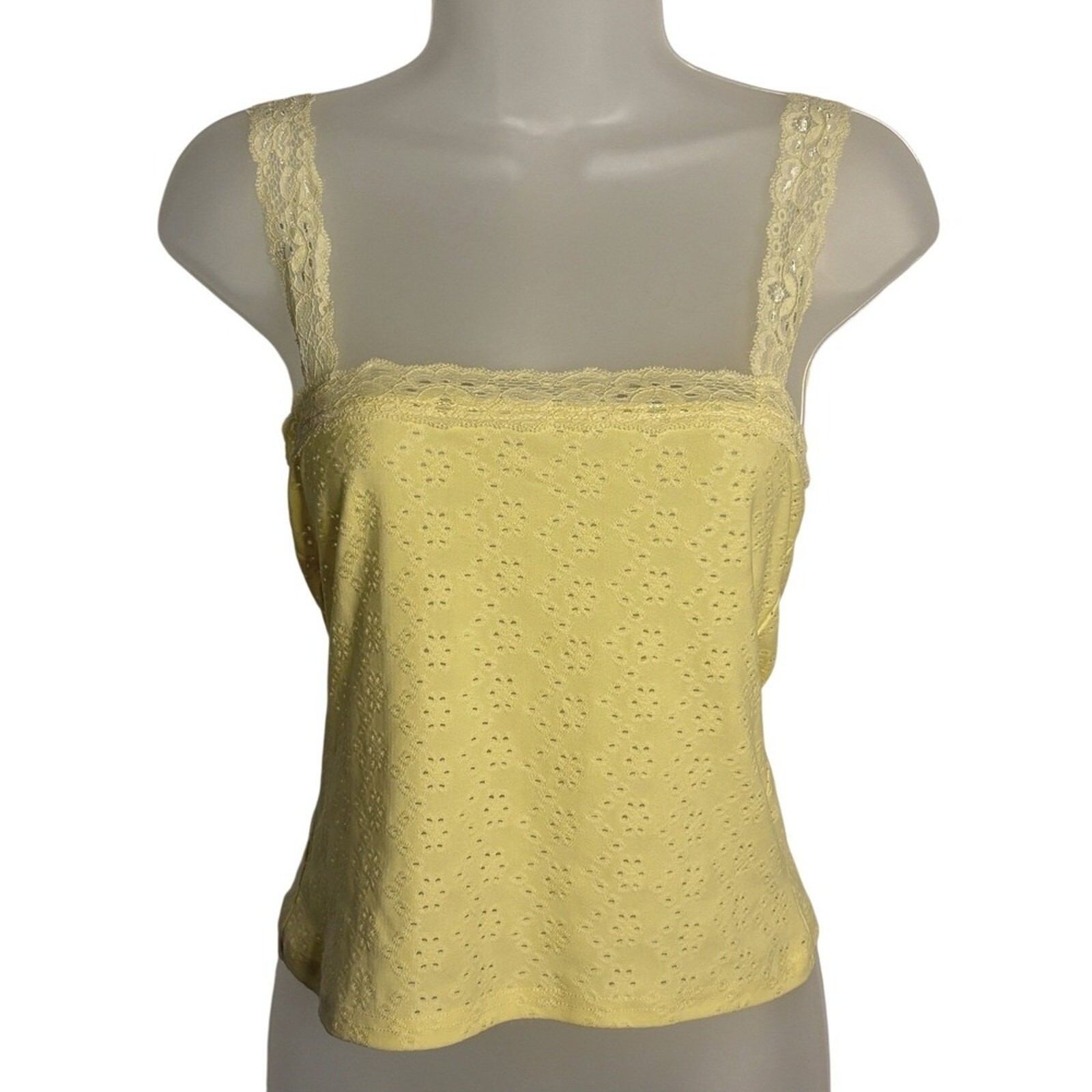 Edikted | Yellow Eyelet Lace Trim Cami Tank Top Pointelle Square Neck | Medium
