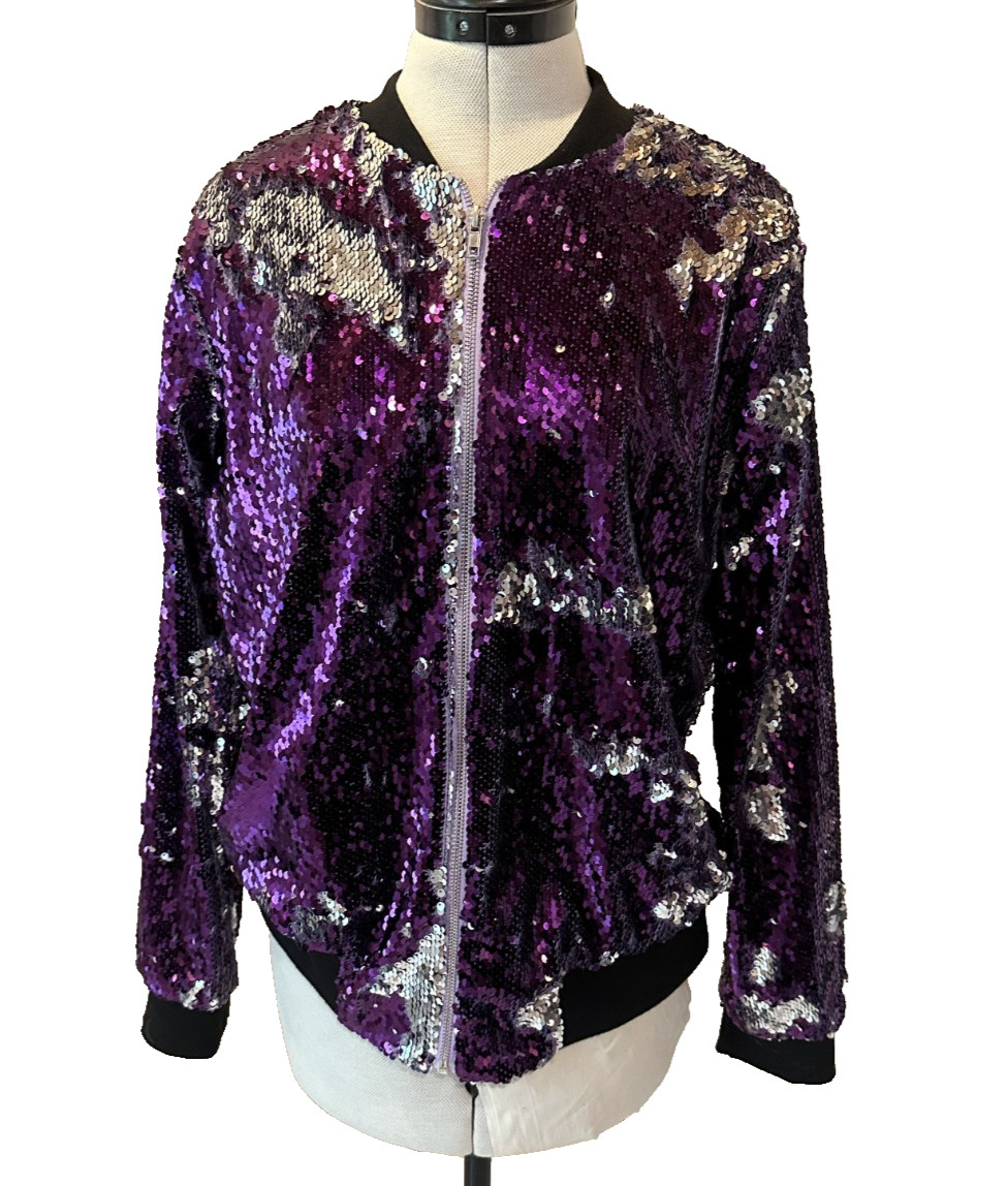 Haoduoyi Purple Sparkly Sequin Front Zip Party Bomber Jacket