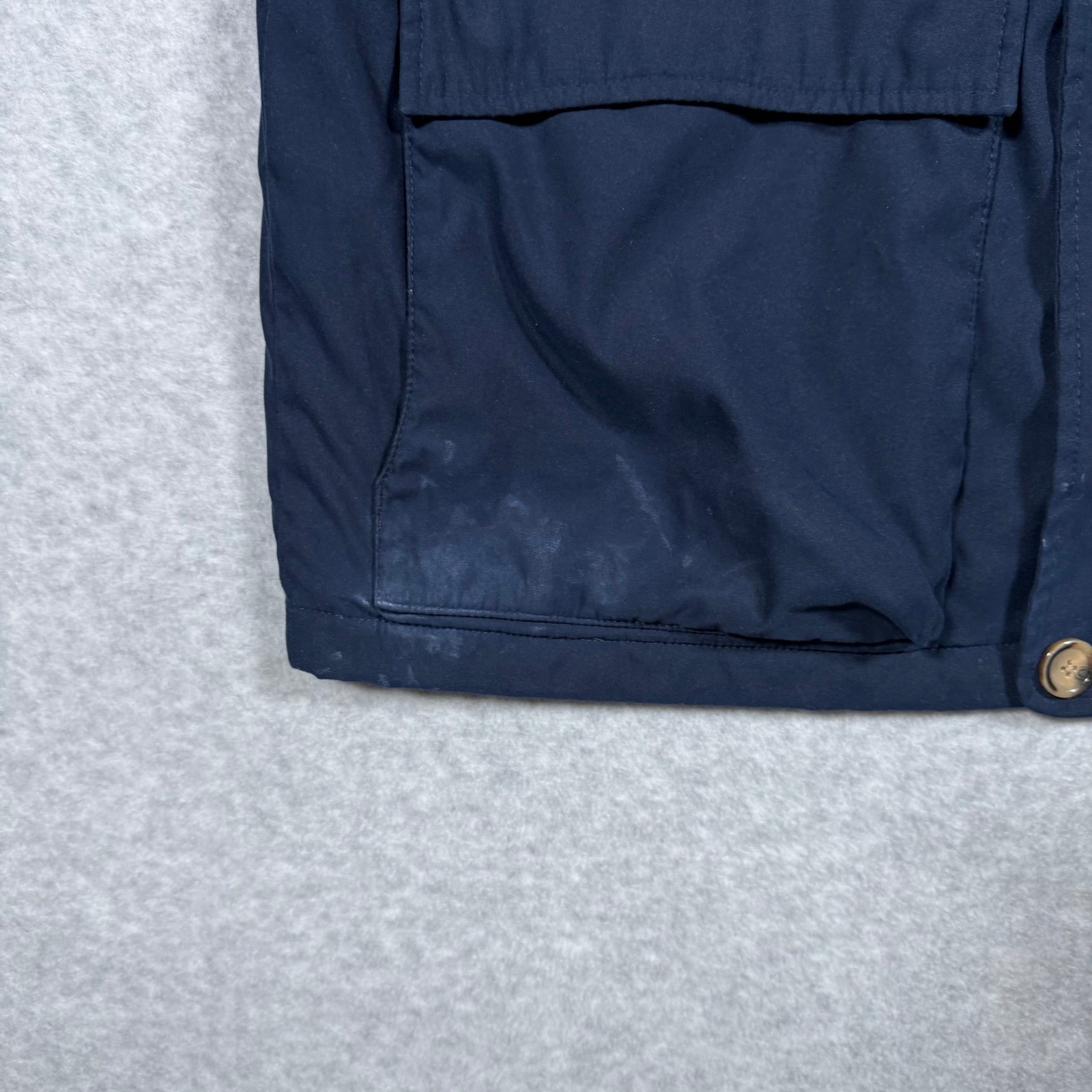 Eddie Bauer Mens Navy Blue Quilted Lined Chore Jacket Leather Collar Medium Y2k