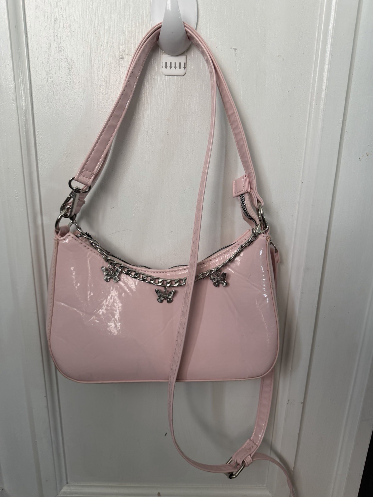 Primark Pink Patent Shoulder Bag Crossbody Strap Detachable Strap Silver Zip