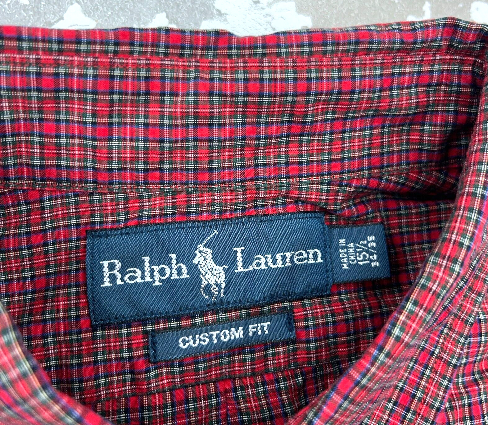 Ralph Lauren Shirt Men 15.5 34 Red Blue Button Up Custom Fit Plaid Dress Poplin