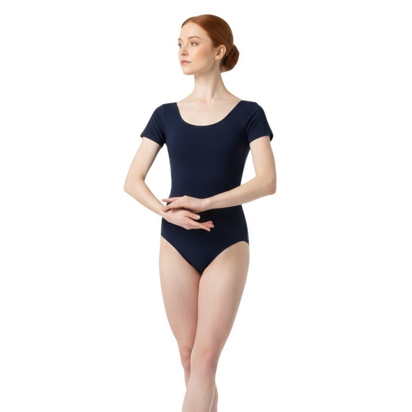 Danskin Adult Small Leotard Bodysuit Navy Blue Short Sleeve Scoop Neck Dance