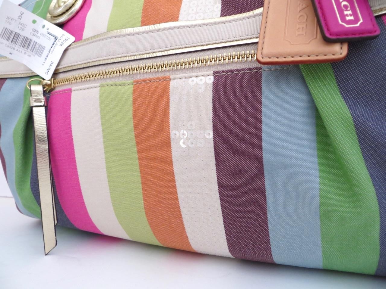 New Coach Legacy Striped Pink Green Blue Sequined Rocker Purse Crossbody RARE!