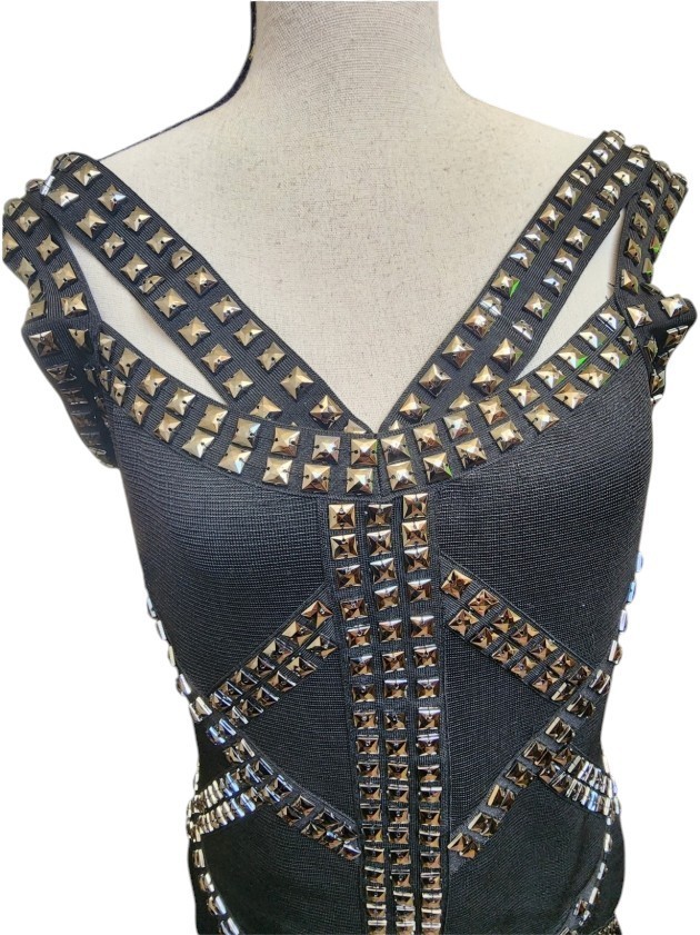 Wow Couture Gold Label Black Studded Bandage Dress Size Large Bondage Goth Punk