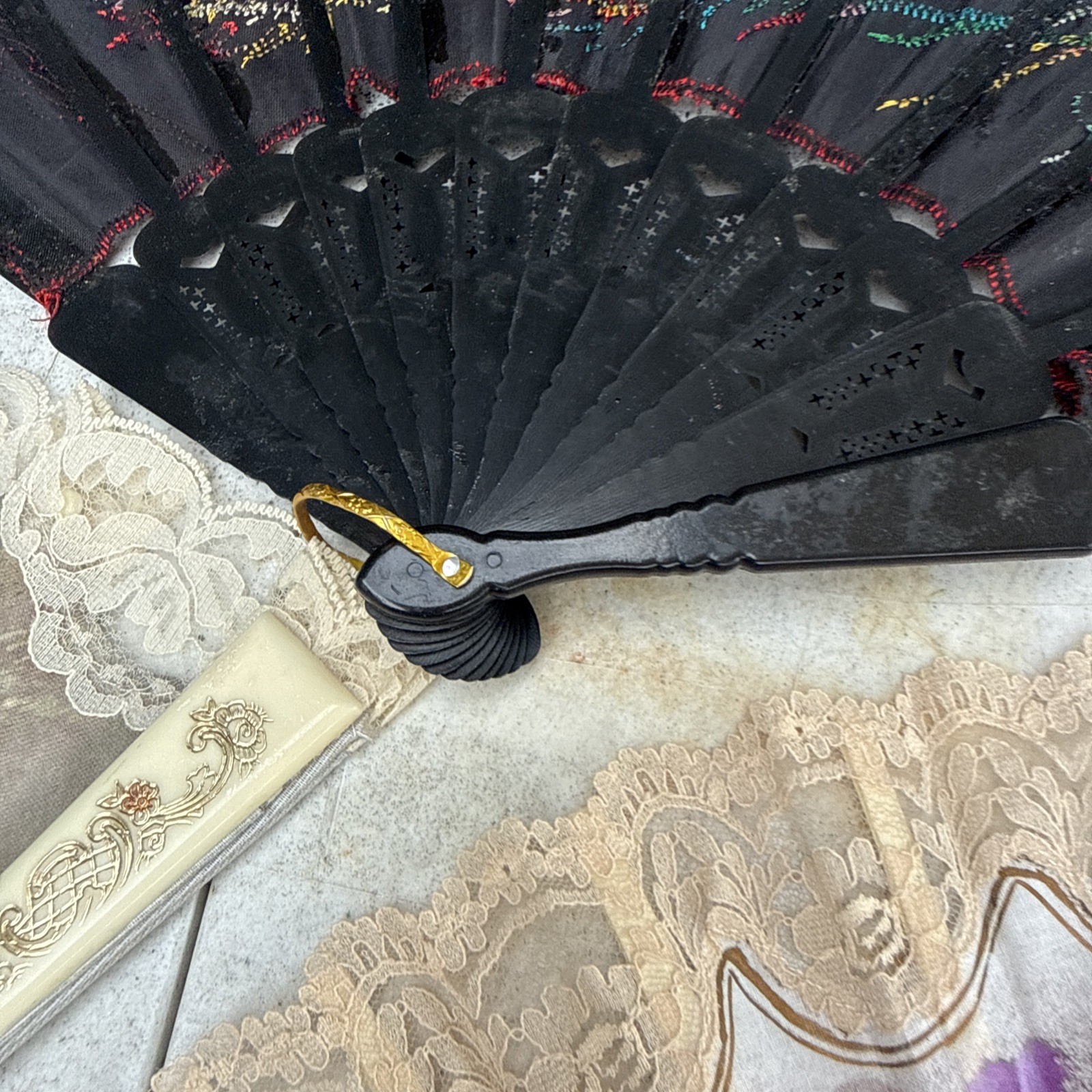 Victorian Style Multicolor Floral Hand Fan Black Lace Trim Fabric Plastic
