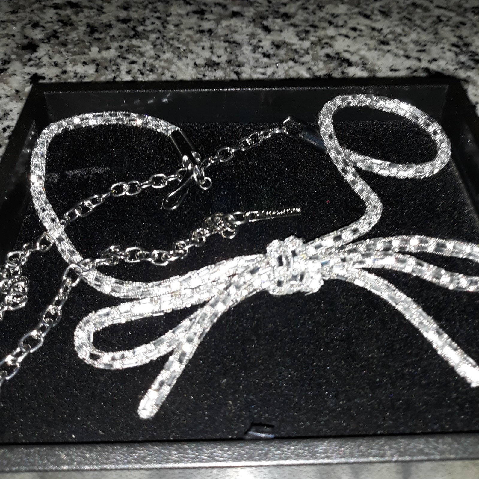 Vtg H By Halston Crystal Belt Sz L W/Bow Adj Clip Chain Clear Stones Slvr Fabric