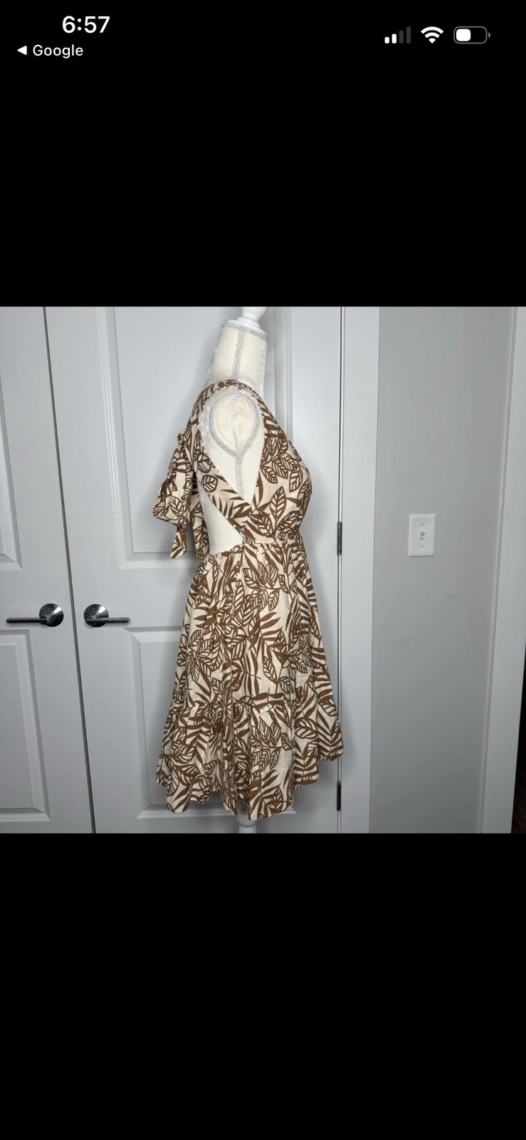 House of Harlow 1960 Linen Blend Tropical Leaf Print Plunge Open Back Dress
