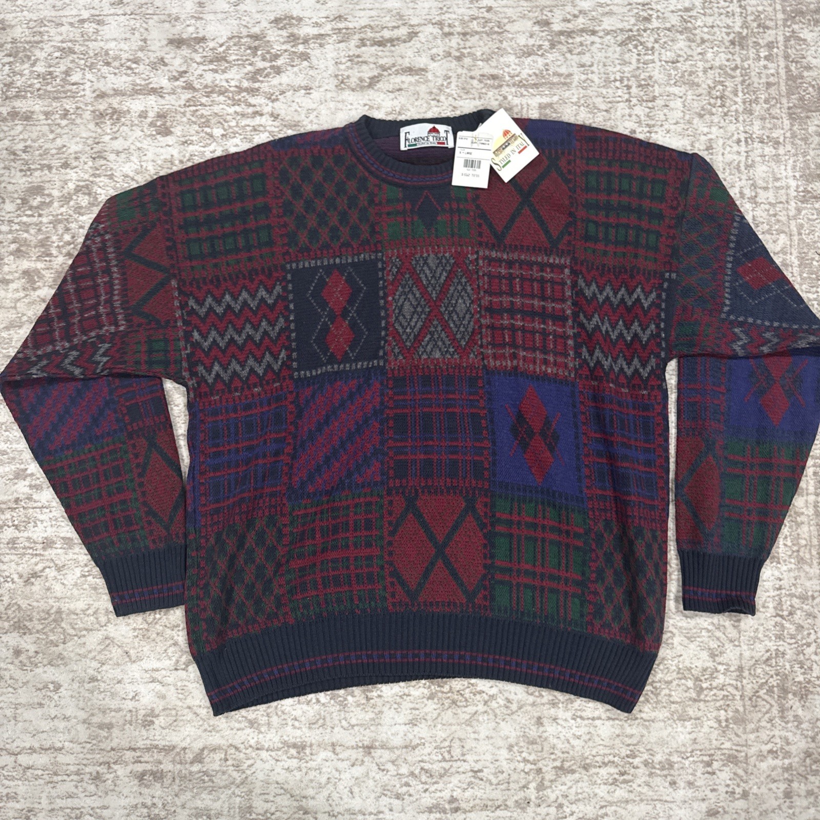 Vintage Florence Tricot Patchwork Knit Multicolor Sweater Mens XL Italy Style
