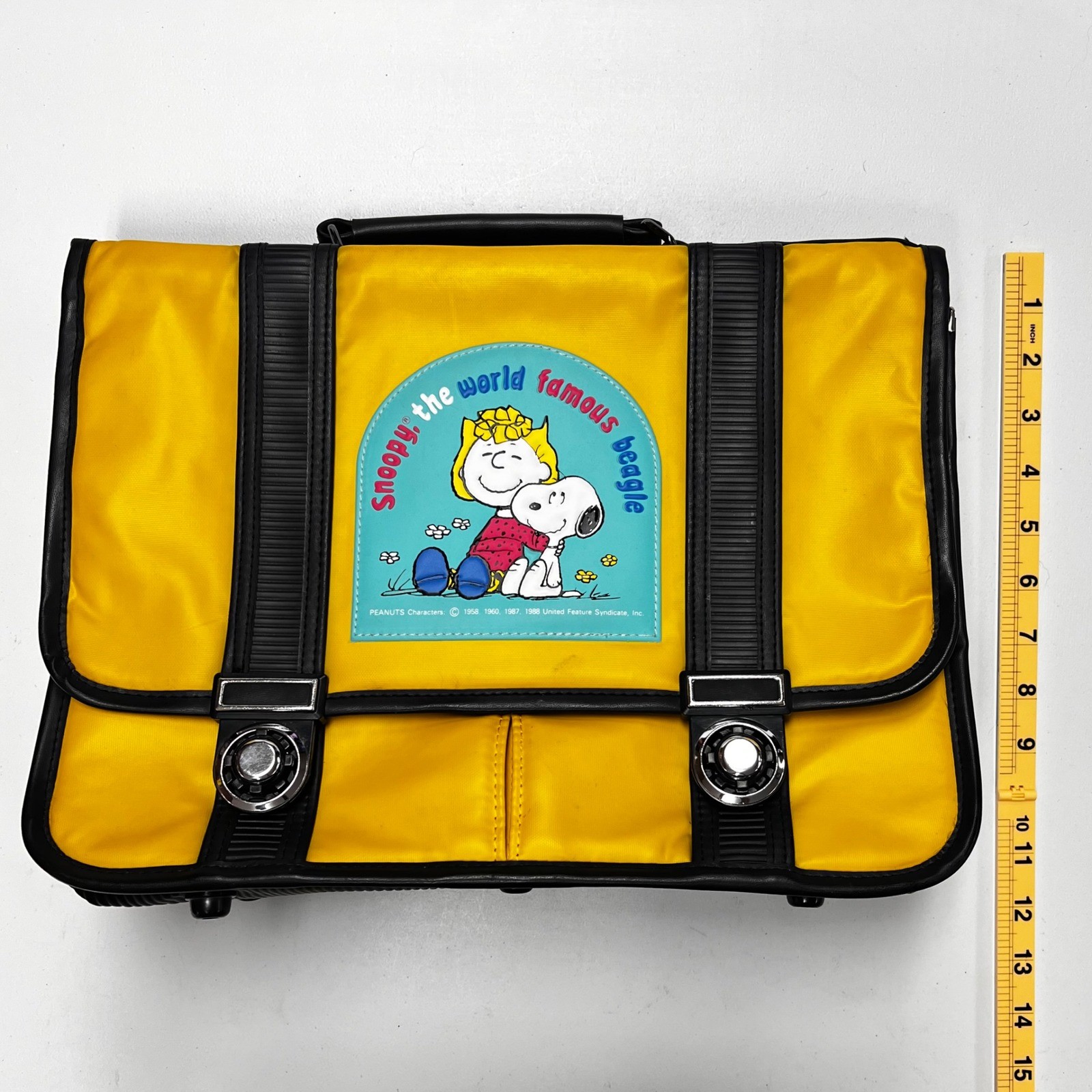 1988 Vintage Snoopy Sally Peanuts Backpack Briefcase Yellow Nylon Kids Japan