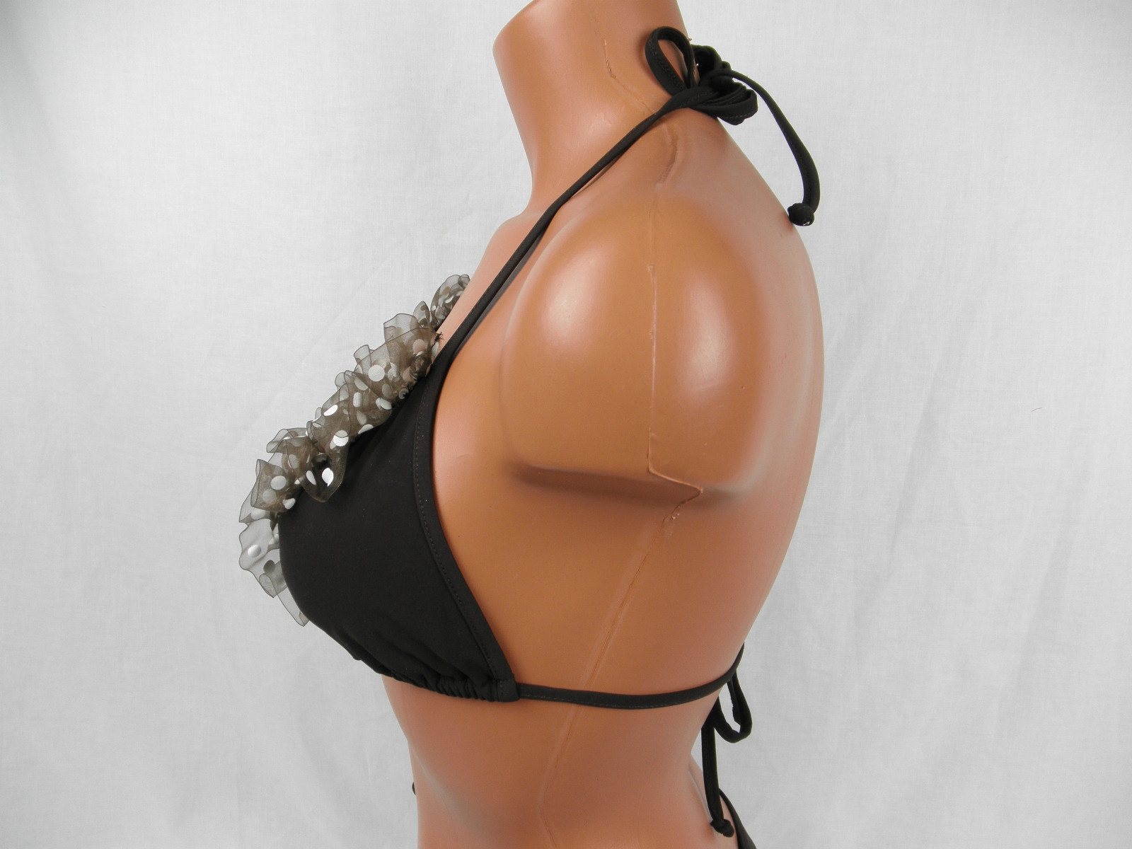 Sauvage Brown Ruffle Polka Dot String Bikini Top Small #4347L