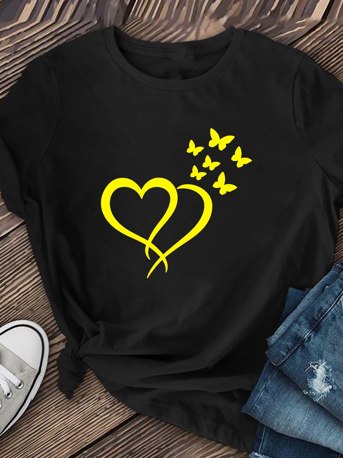 Womens Heart Butterfly Anime Printed Short Sleeve T-Shirt Round Neck Tops ♪