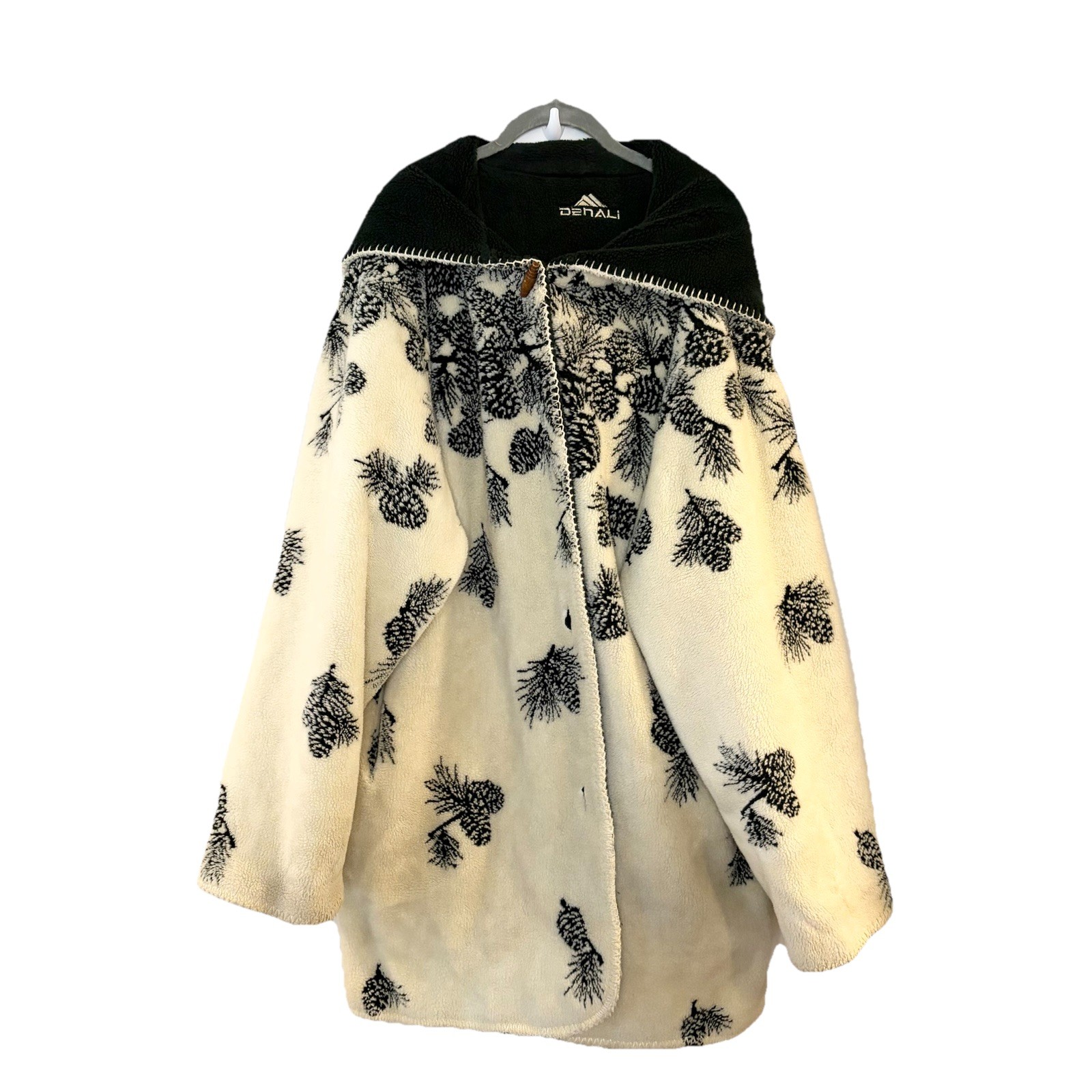 Denali Coat Womens L Green Ivory Pinecone Cabin Reversible Hooded Fleece VTG