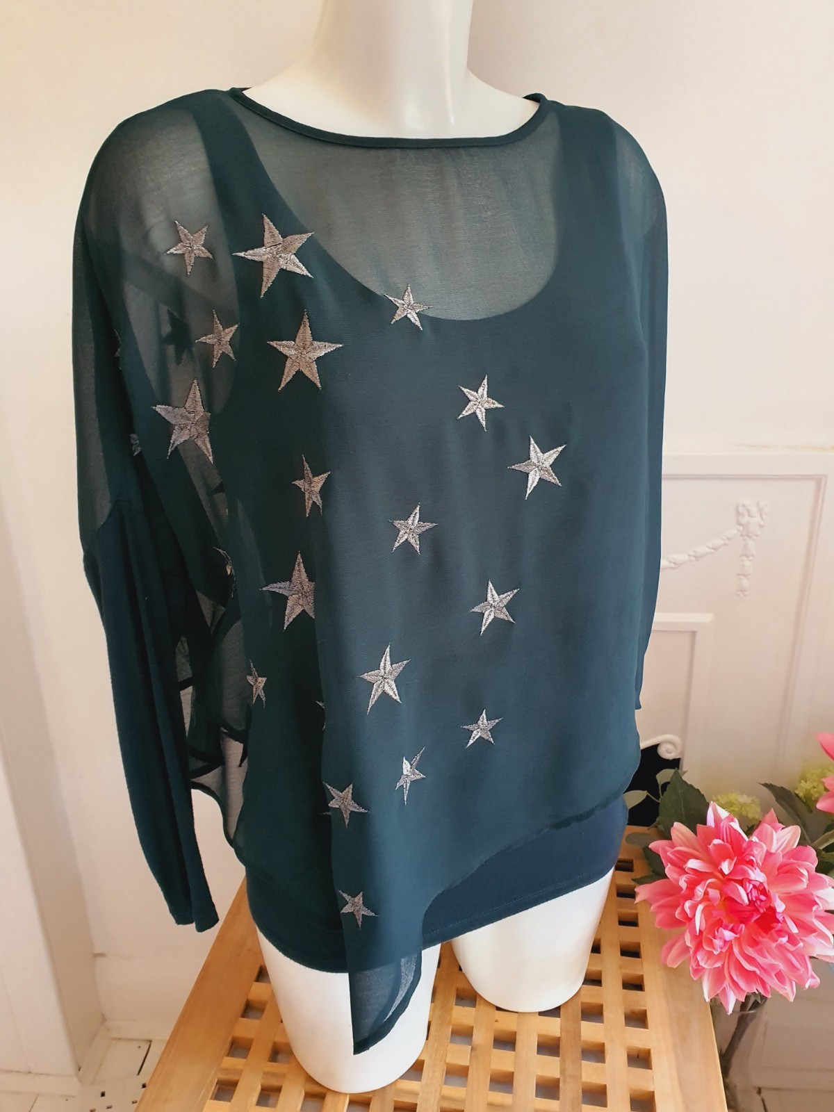 Mint Velvet Dark Green Star Embroidered Draped Top, UK Size 10