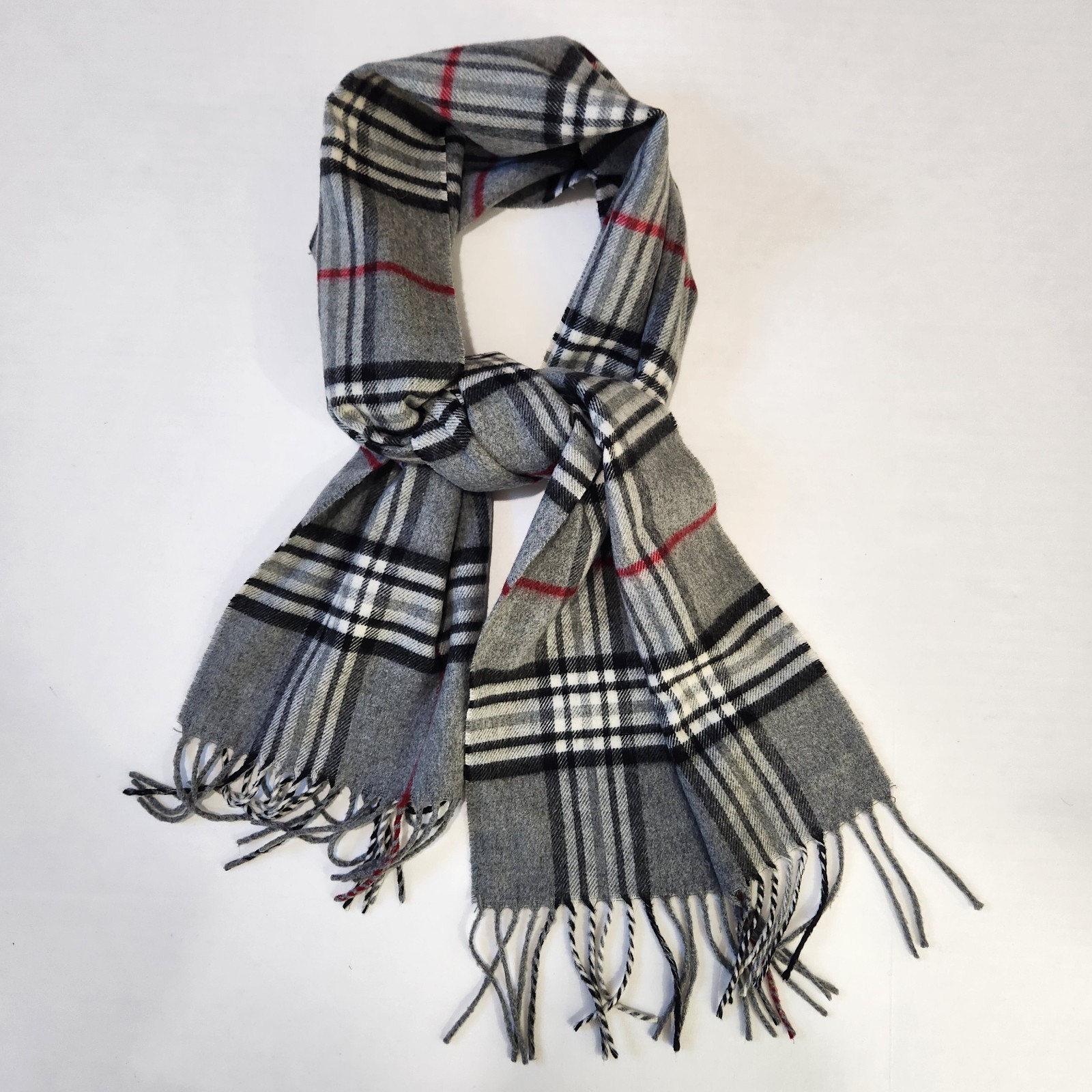 V. FRAAS Cashmink Scarf 11″ X 54″ Gray Plaid Acrylic With Fringe Made In Germany