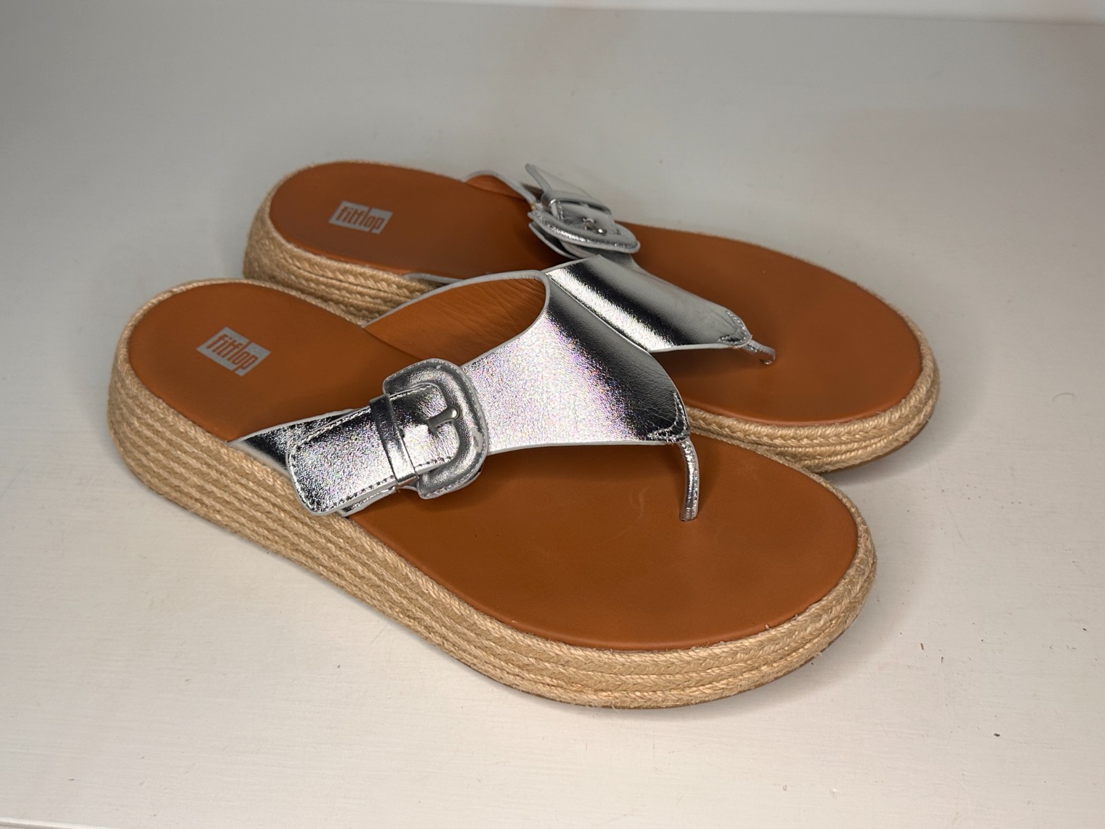 FitFlop F-Mode Silver T Strap Espadrille Toning Sandals Women Size 10