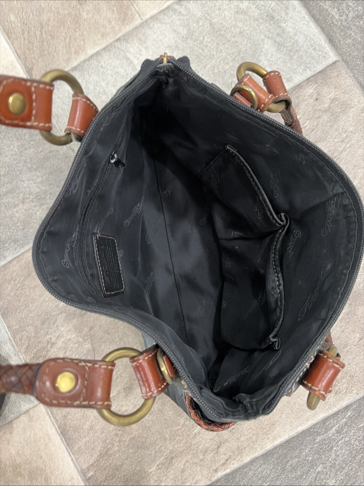 Fossil Black Leather Shoulder Bag Purse Brown Straps Gold Hardware