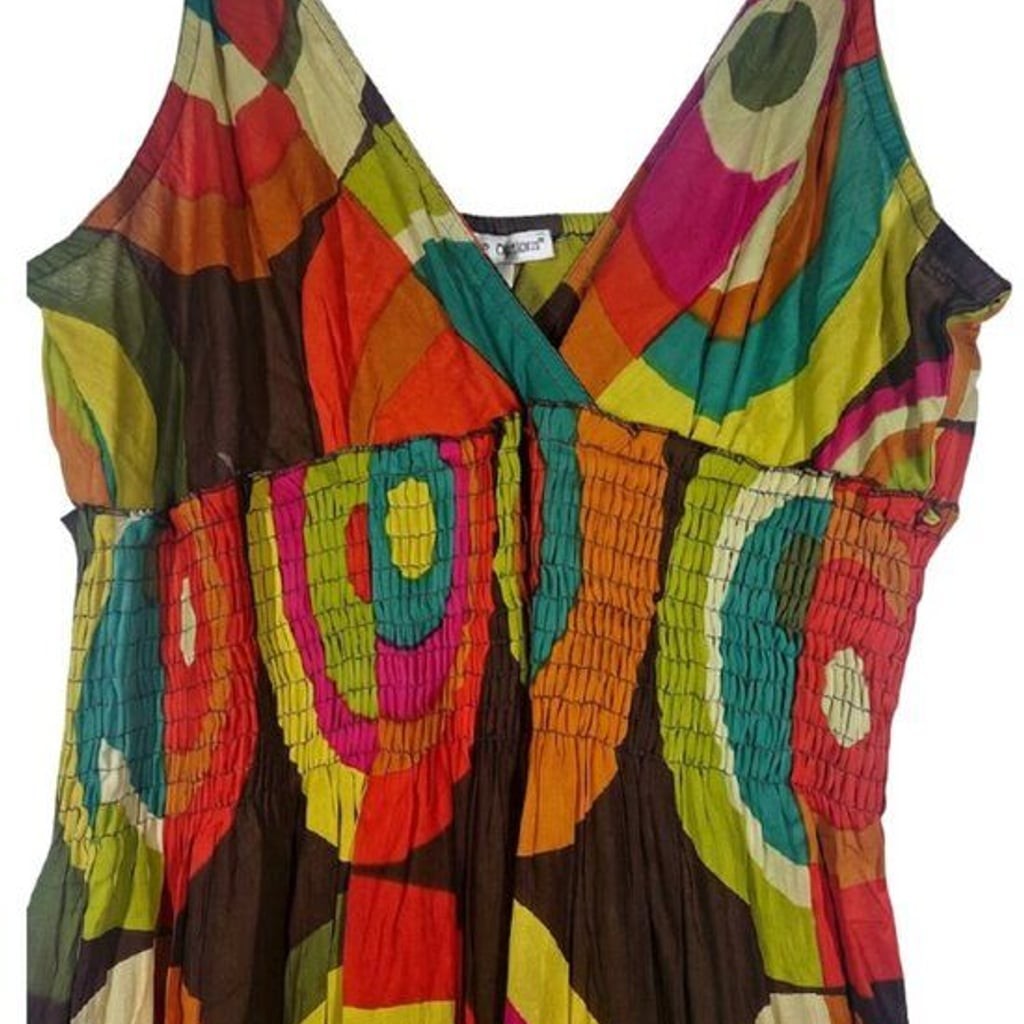 Cute Options Boho Maxi Dress Large 100% Cotton India Geometric Circle Print Tier