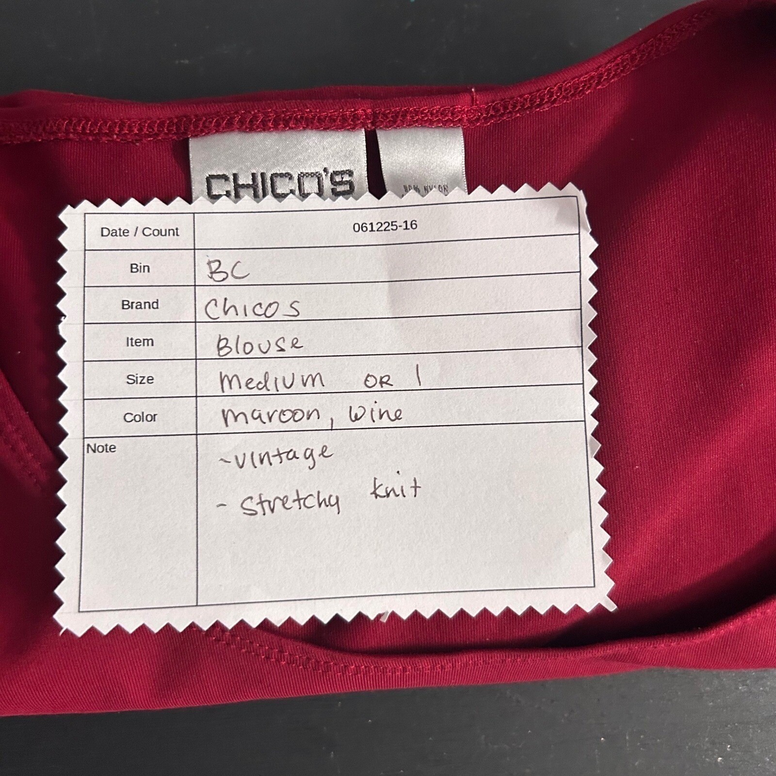 Vintage Chicos Womens Blouse Medium or 1 Maroon Slinky Knit Career Work Office