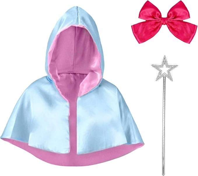 Fairy Godmother Costume Cape Set, Light Blue and Pink Satin Hooded Cape with Red