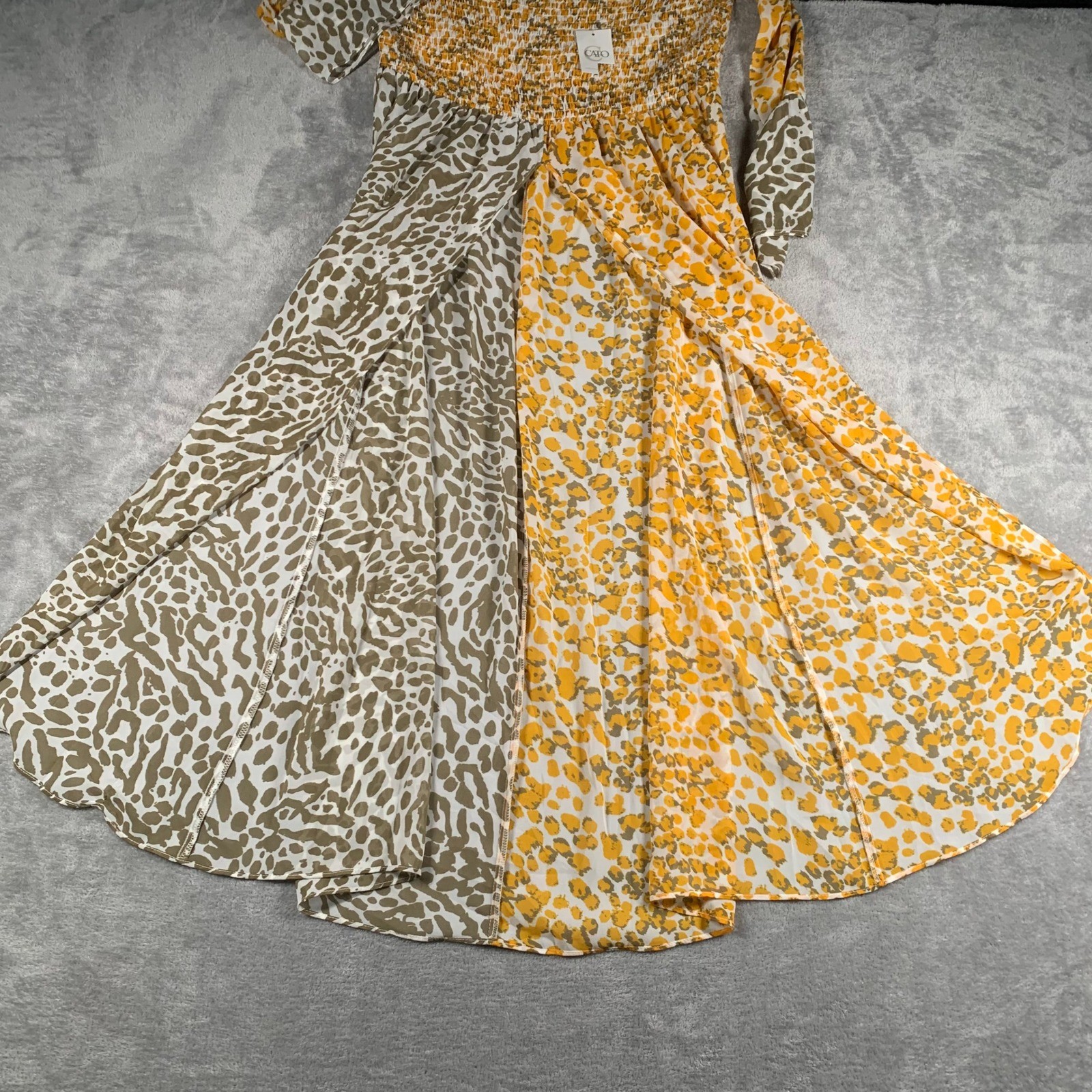 NWT Sheer Cover Up Pool Maxi Off Shoulder Bell Sleeve Animal Print Yellow Beige