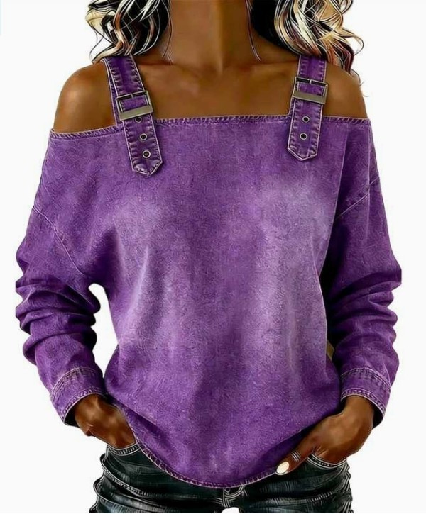 Women Off Shoulder Long Sleeve Top Adjustable Strap Loose Denim Casual Blouse