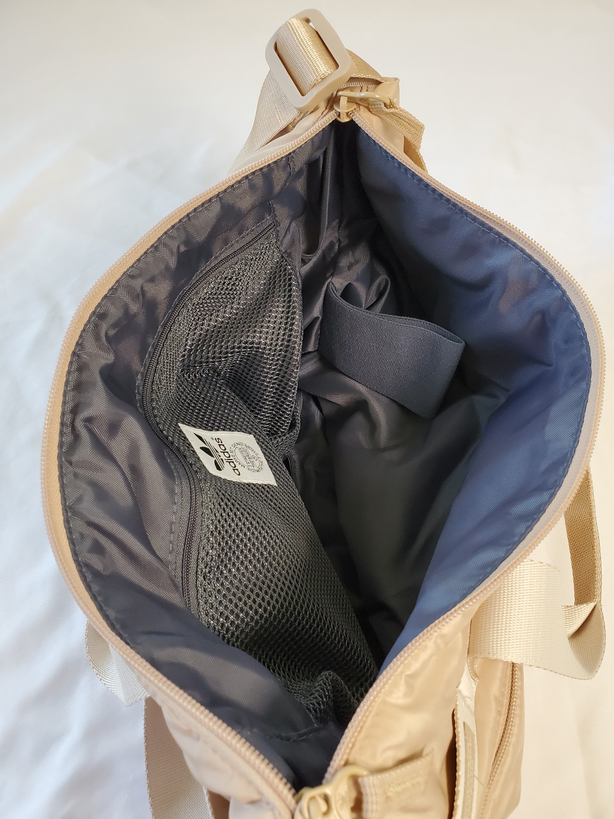 Adidas Stylish Sport Shopper Tote Puffer Travel Gym Bag Tan Beige Zip Top Purse