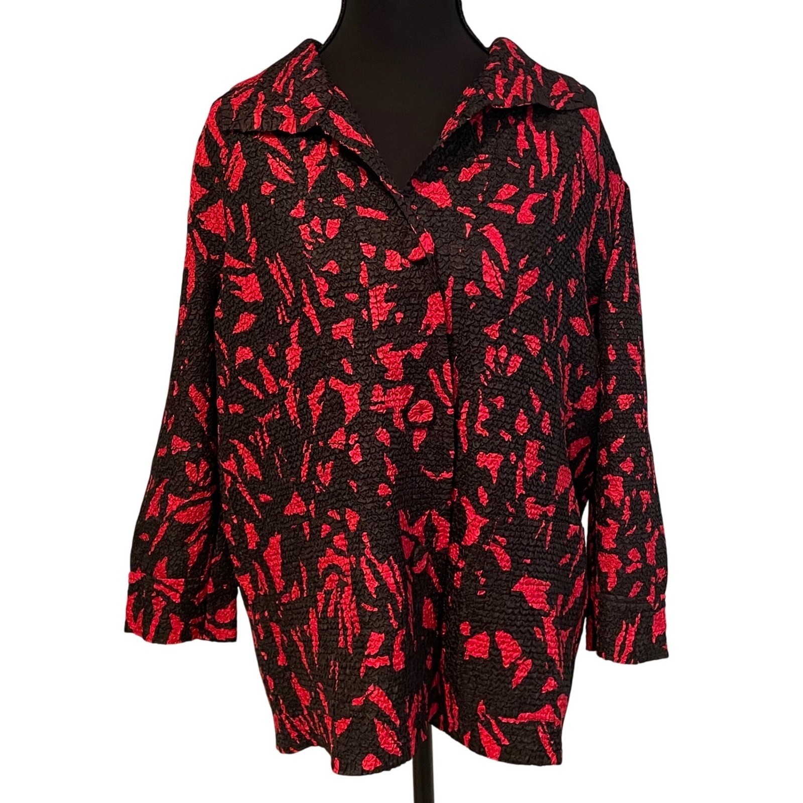 Laura Ashley Black Red Textured Abstract Print Button Front Shirt Women’s Small